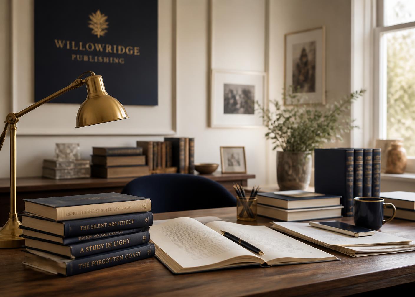 The Inkframe Studio desk with stacked hardcovers and an open manuscript